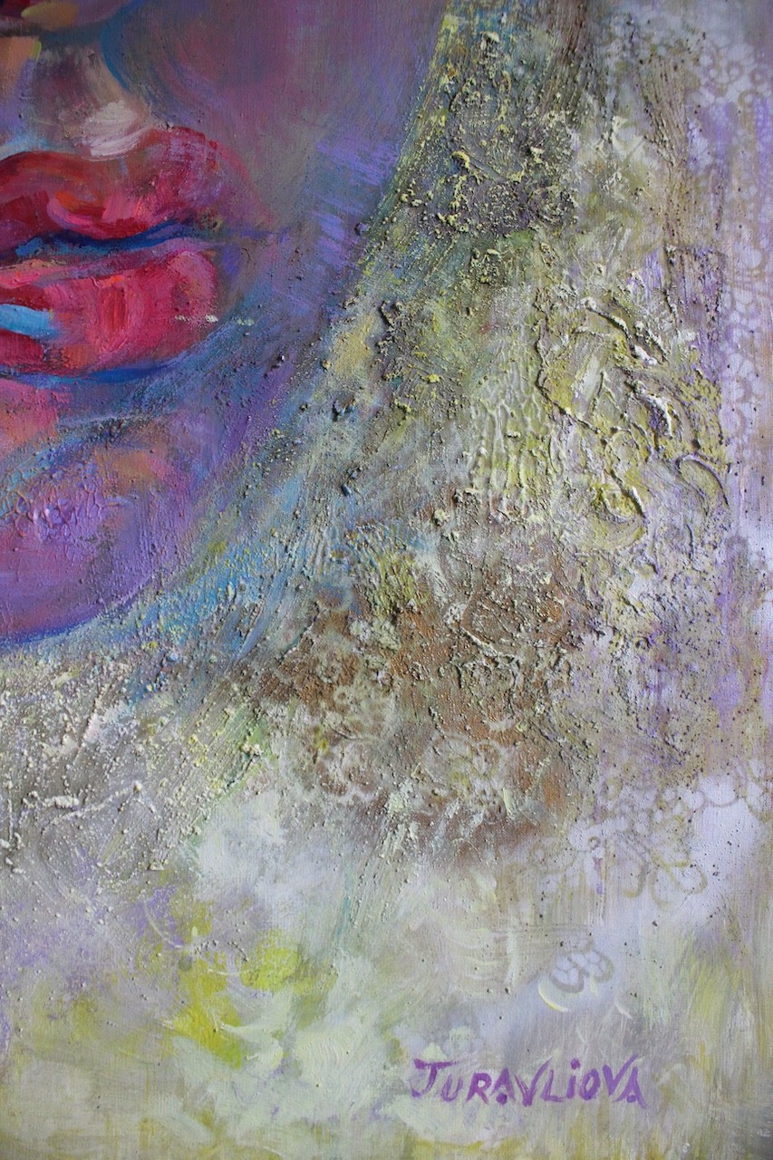 A surreal portrait of a figure with flower-like hair against a dreamy, textured background.