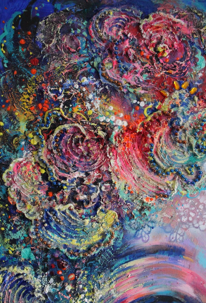 A surreal portrait of a figure with flower-like hair against a dreamy, textured background.