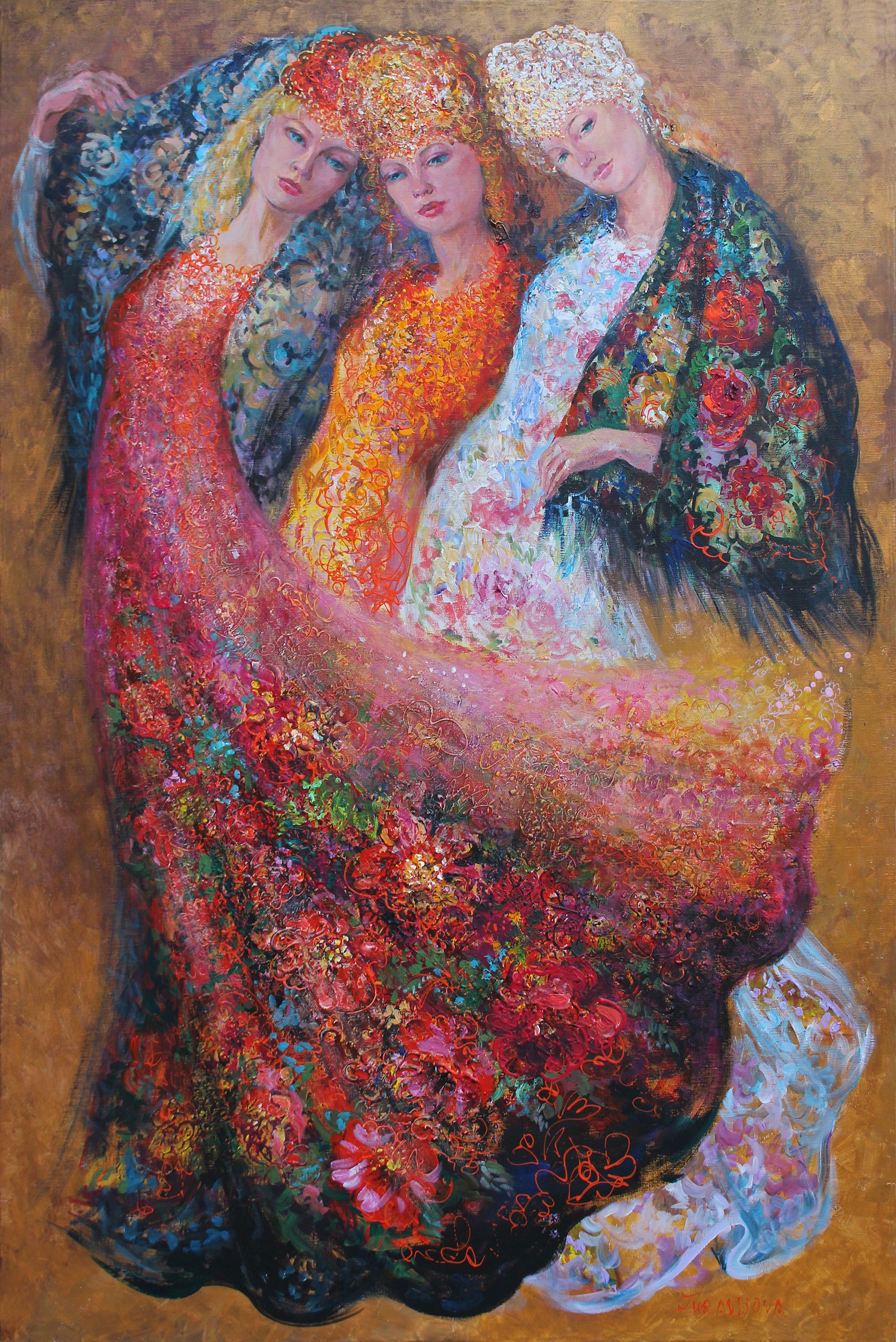 Three figures in flowing, floral-patterned gowns pose closely together against a warm background.