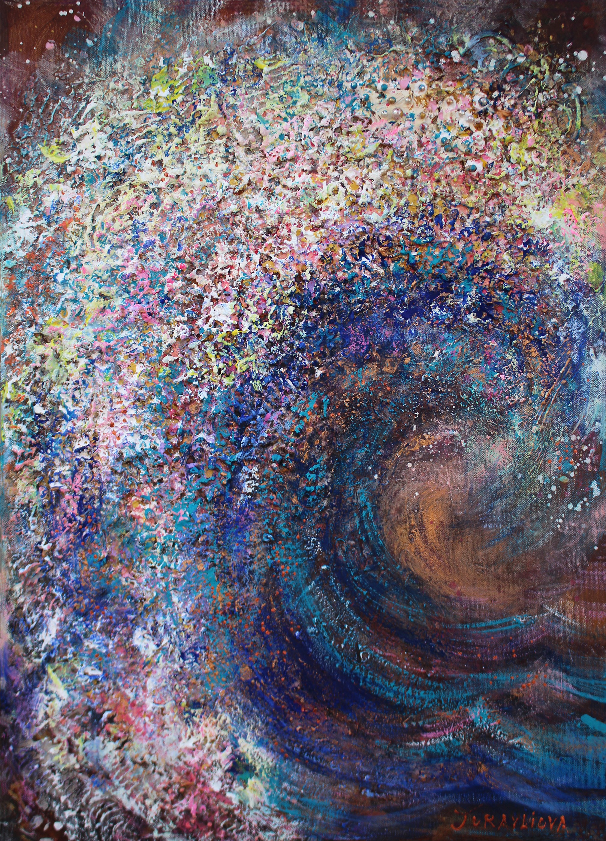 A swirling abstract composition of textured paint in deep blues, purples, and earthy browns.