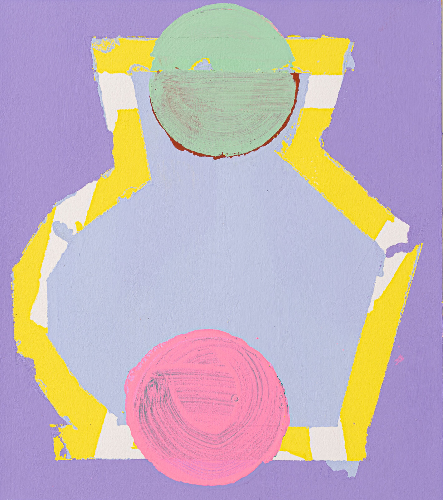 A painting of a vase with a pink circle on a purple background.