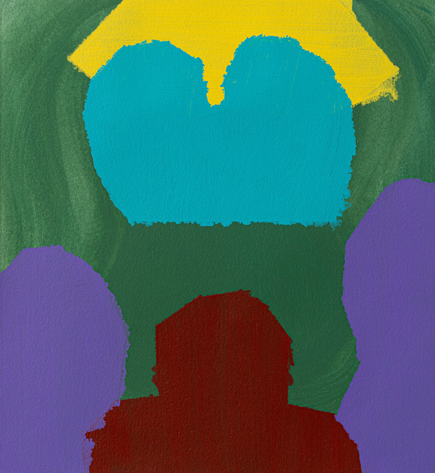 A painting of three people with a yellow umbrella.