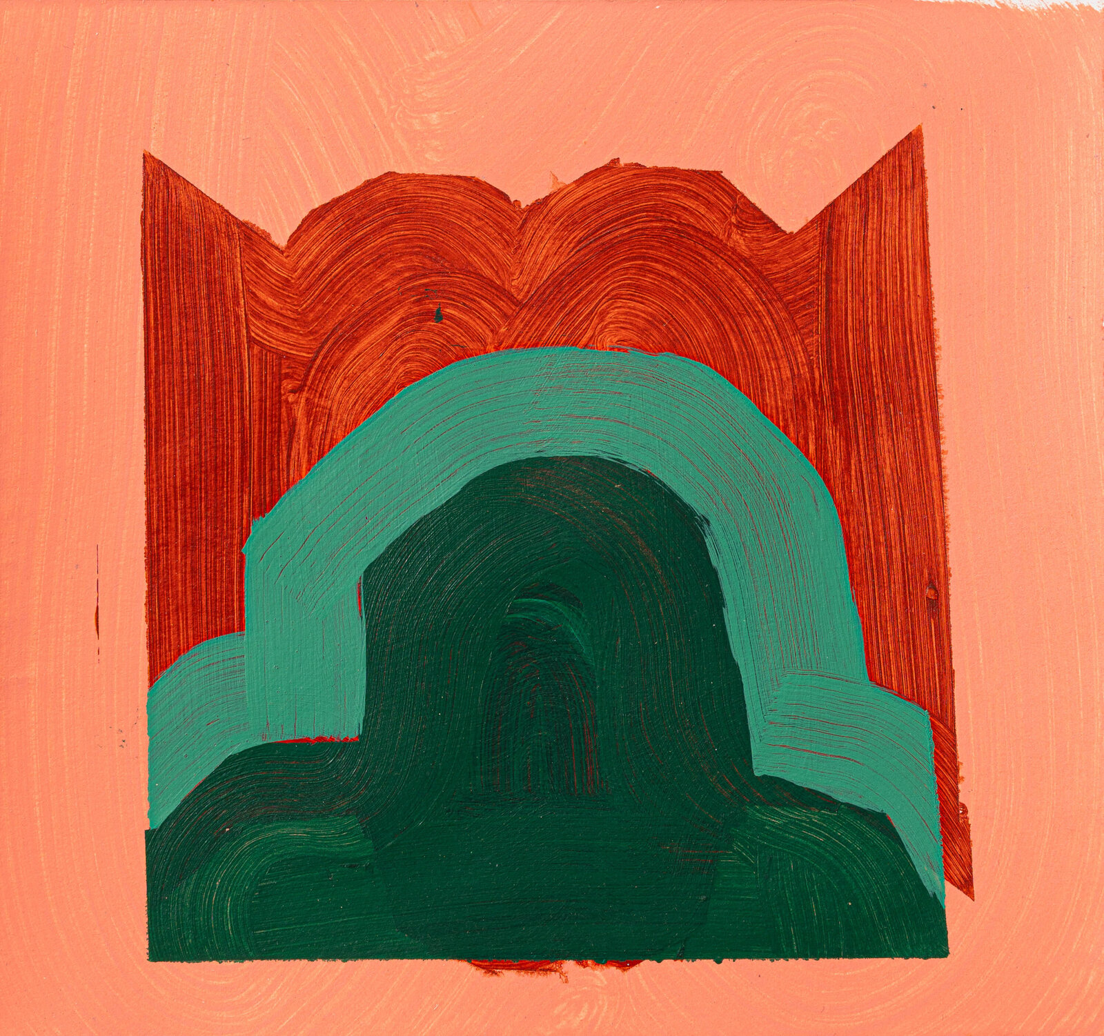 A painting of a green and red archway on a pink background.