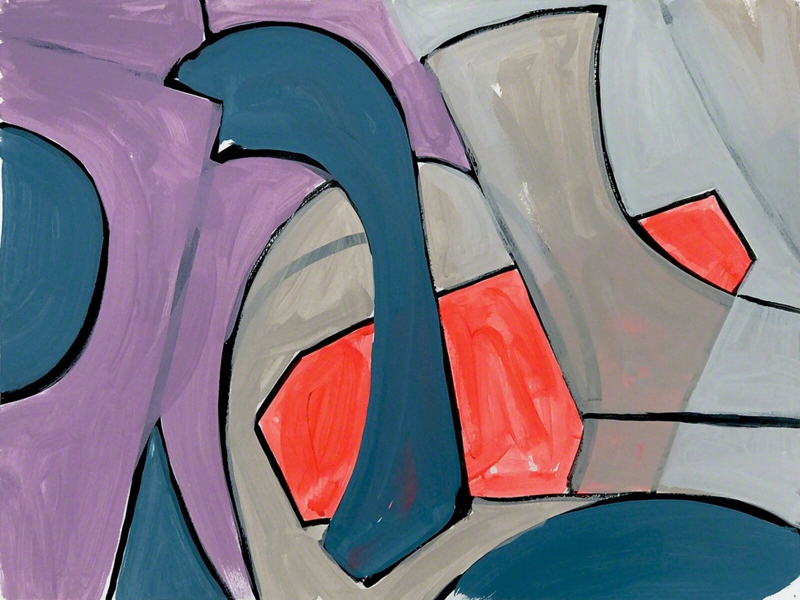 A bold abstract composition featuring a stylized face rendered in purple, grey, and red tones.