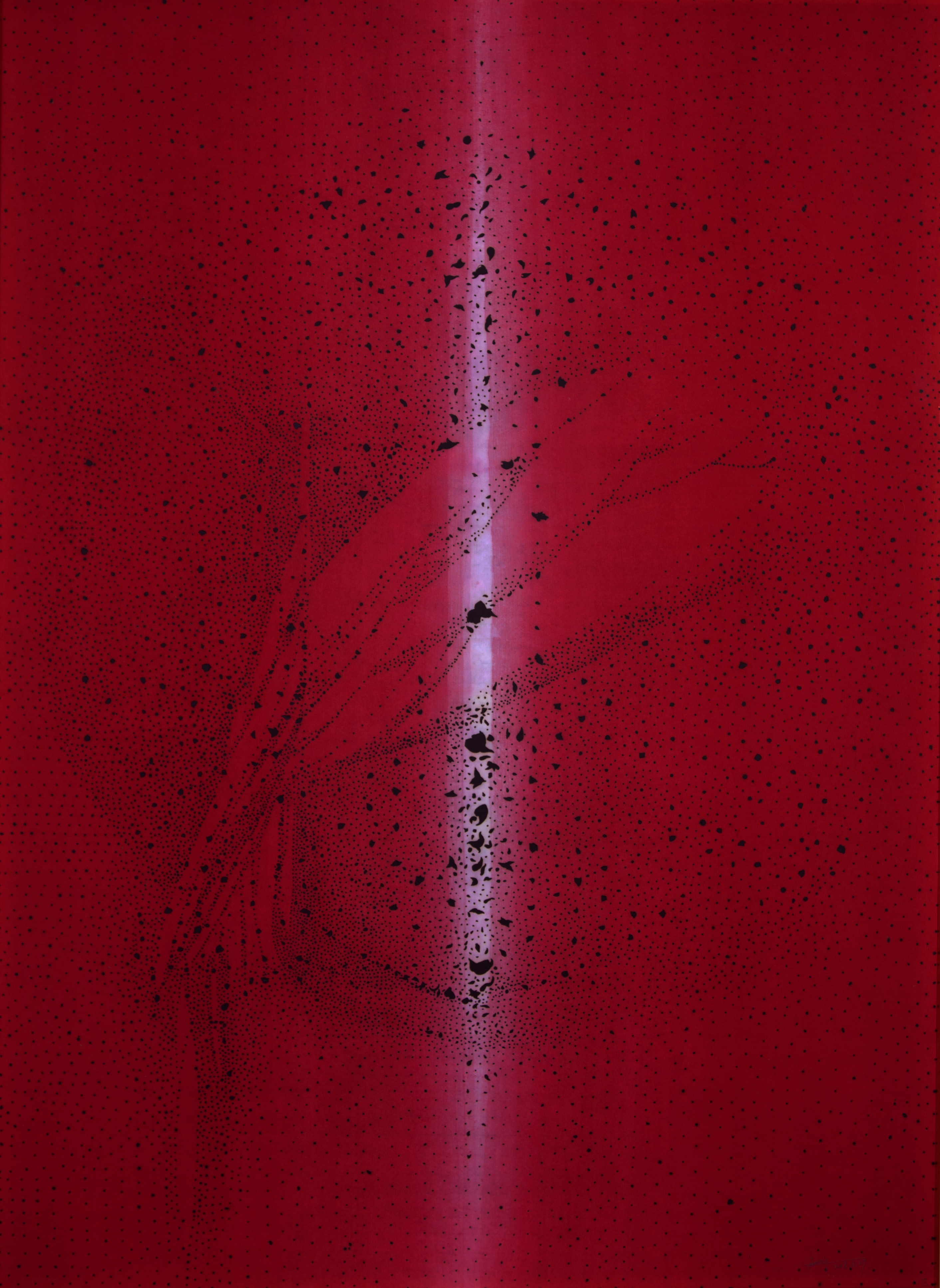 A red background with black dots on it. 