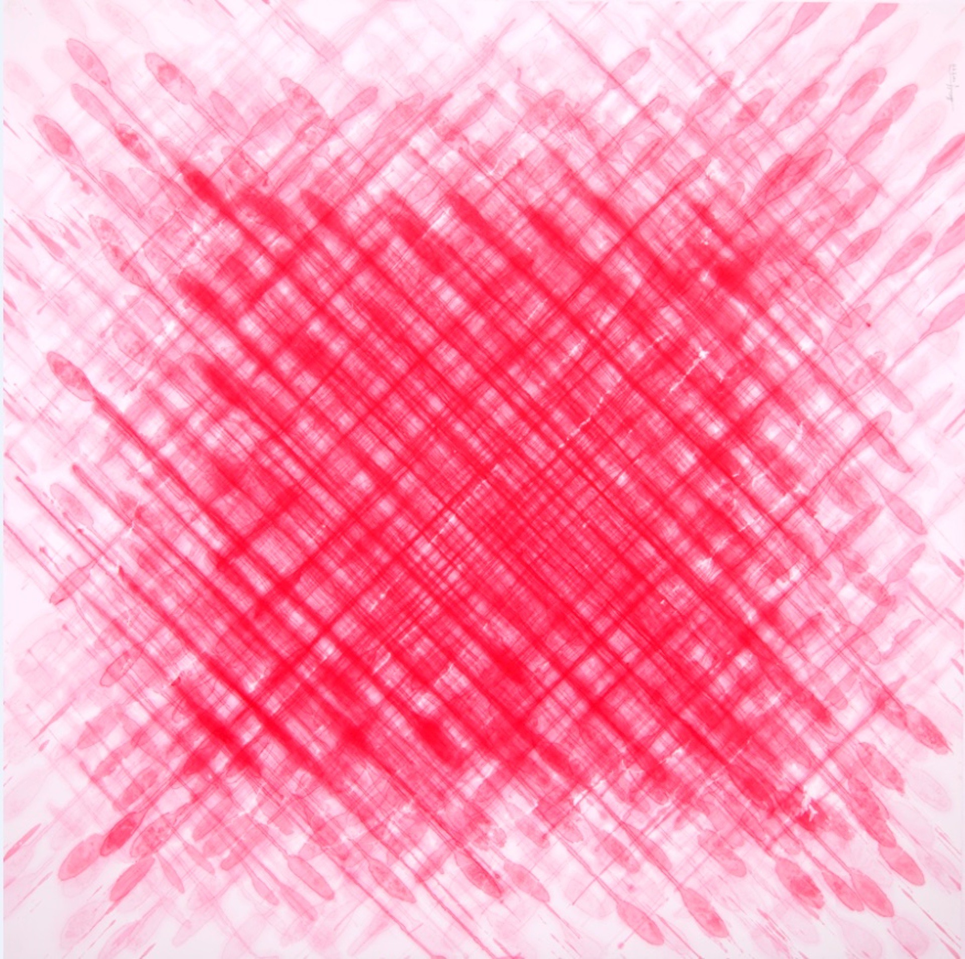A vibrant abstract composition featuring intersecting red brushstrokes on a pale background.