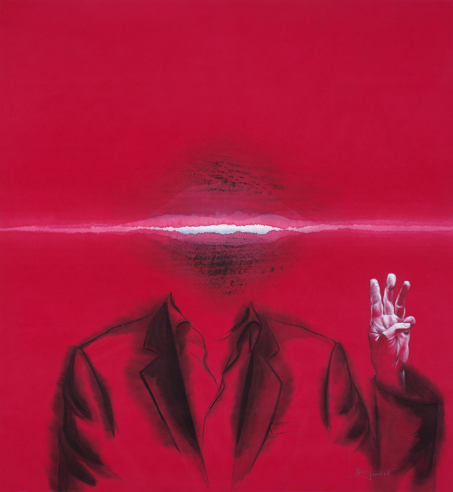 A painting of a man in a suit with his hand up in the air.