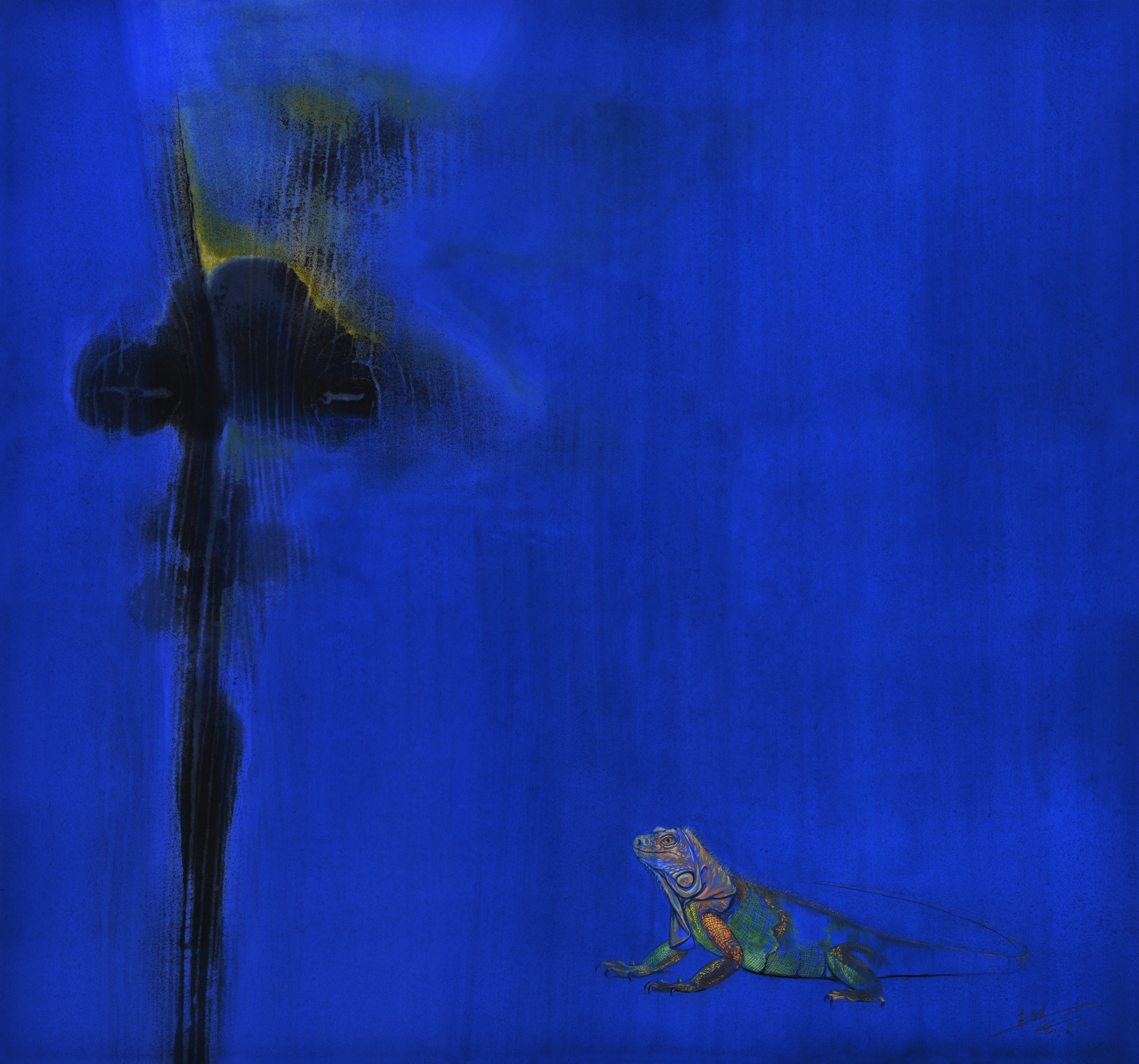 A painting of a lizard on a blue background.