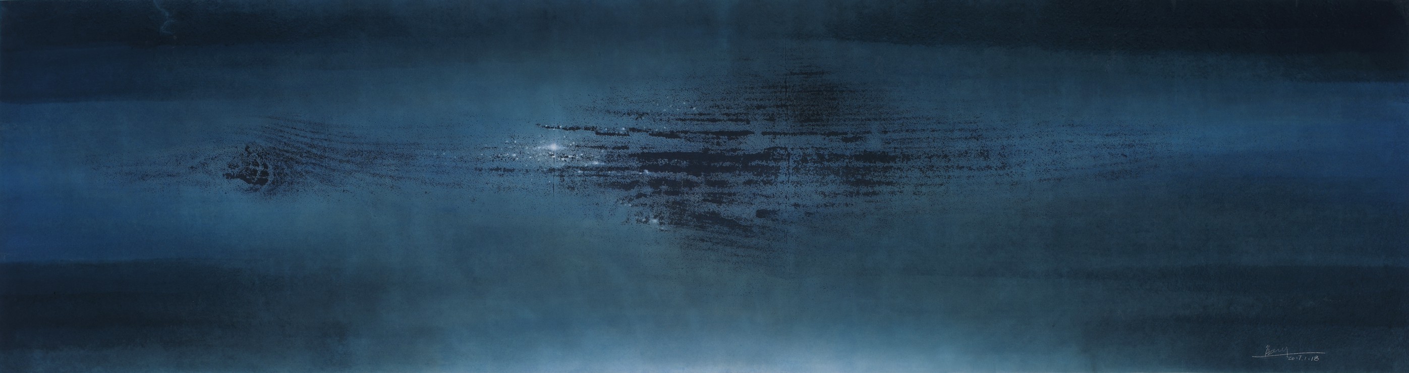 A moody, atmospheric seascape painting featuring a dark horizon line and textured water.