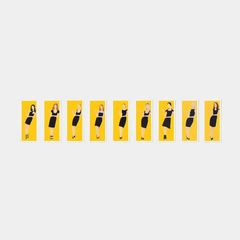 A series of nine vertical panels featuring a figure in a black dress against a yellow background.