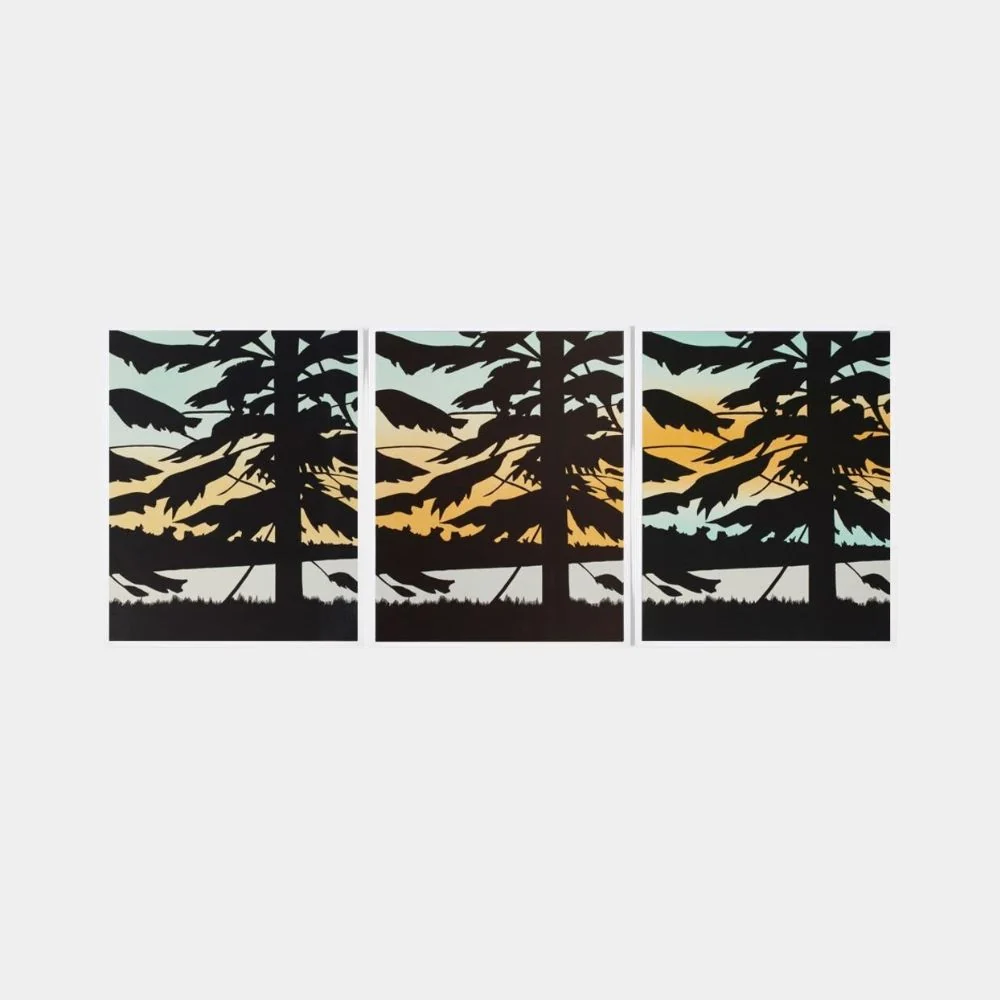 A triptych of stylized tree silhouettes against a gradient sky.