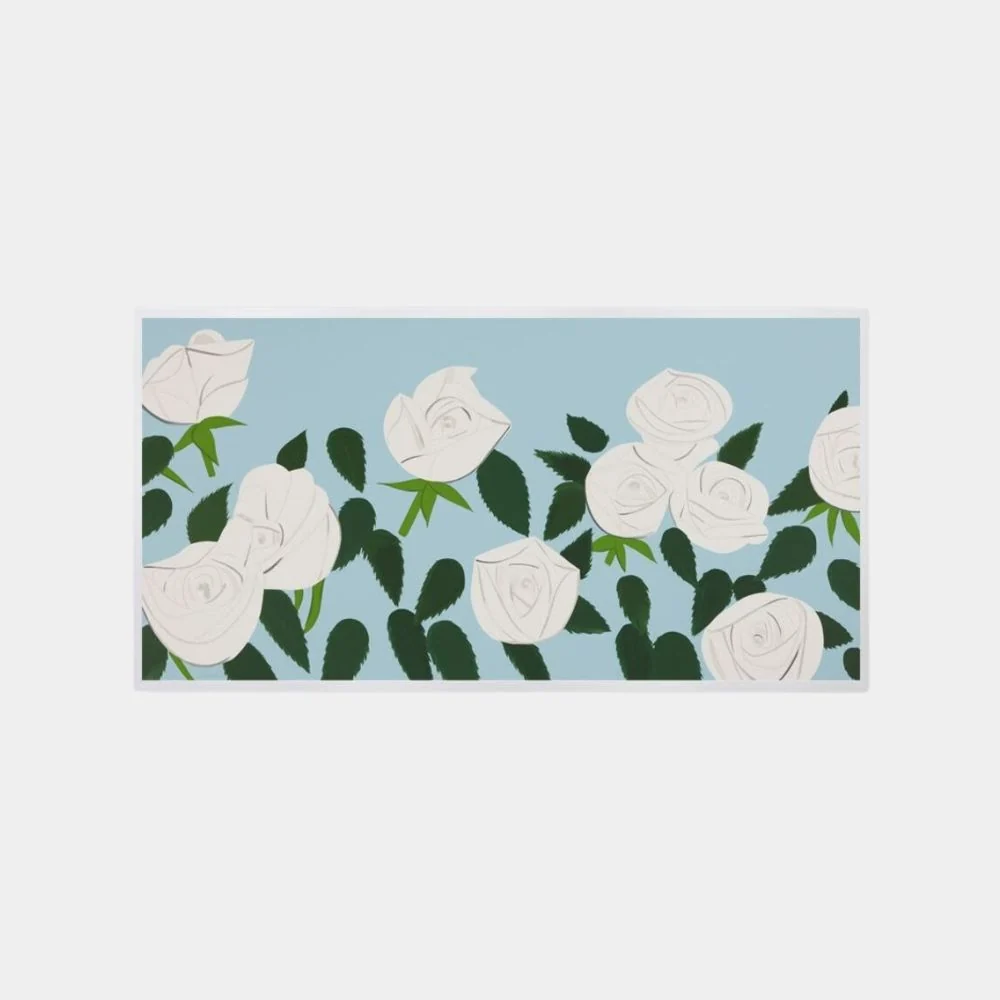 A flat, graphic illustration of white roses against a pale blue background.
