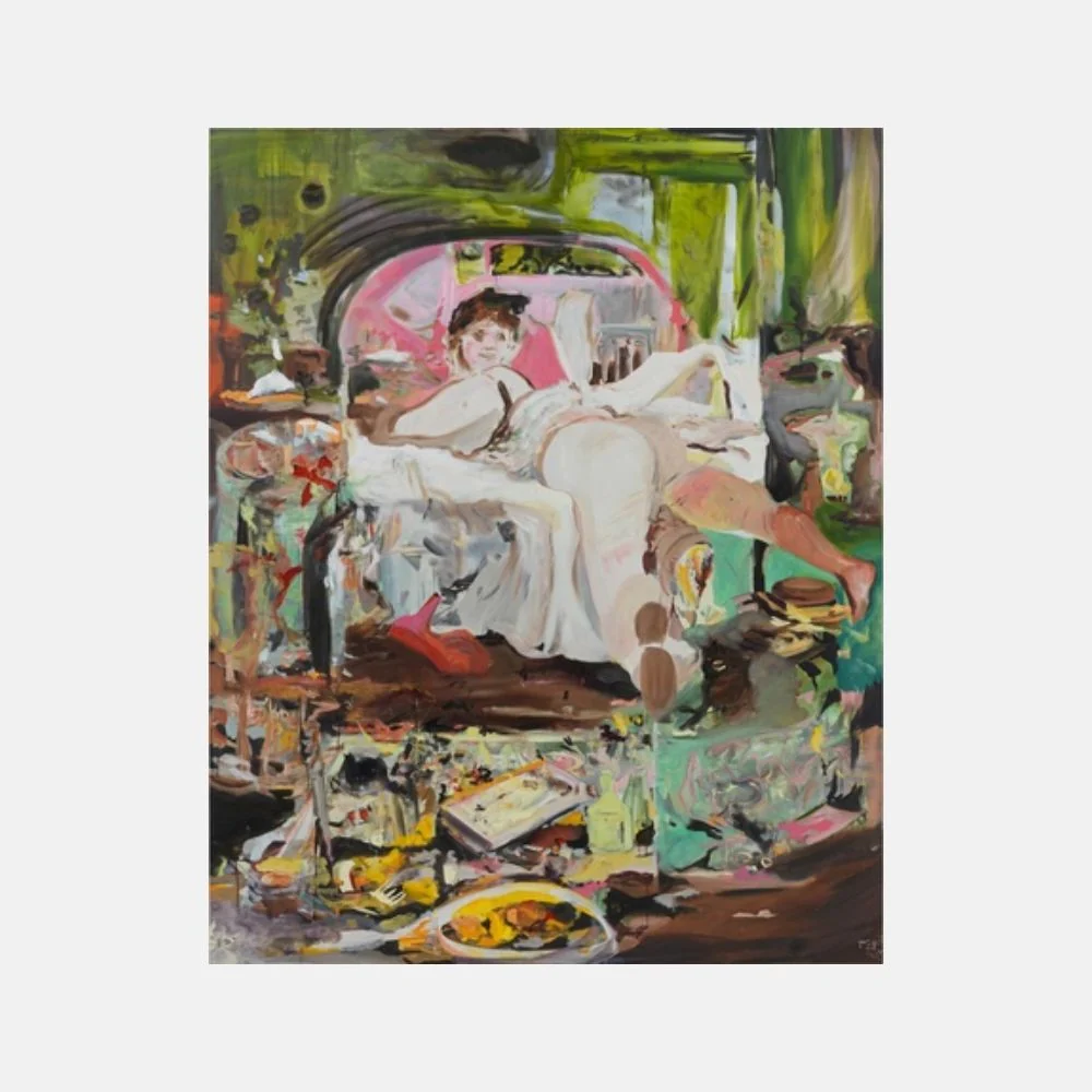 A chaotic, colorful painting of a reclining figure in a messy room filled with discarded items.