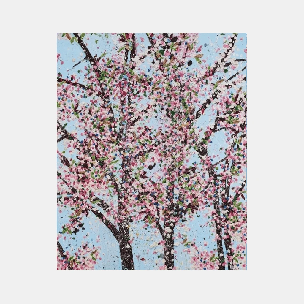 A textured painting of blossoming trees against a pale blue sky.