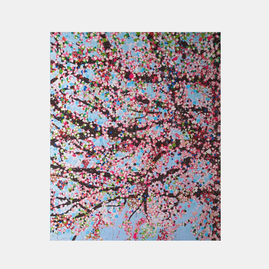 A colorful, pointillist painting of a blossoming tree against a light blue sky.