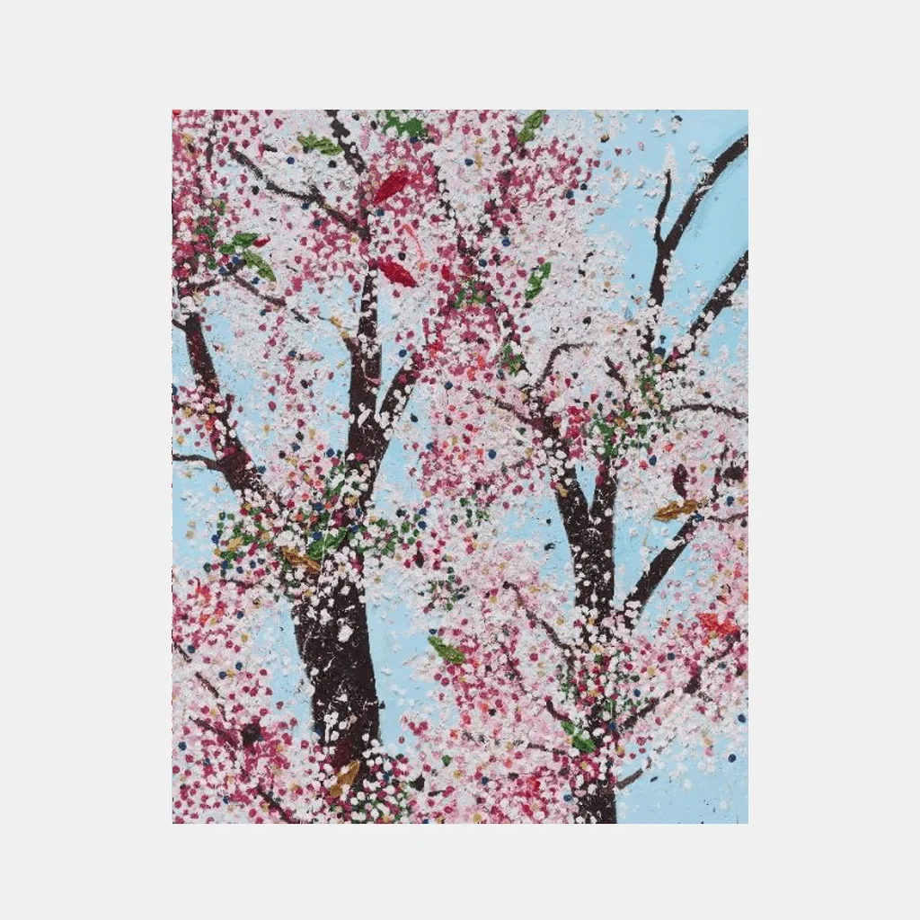 A textured painting of blossoming trees against a light blue sky.