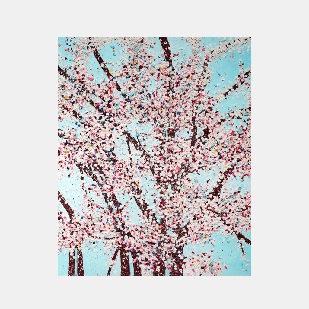 A textured painting of a blossoming tree against a bright blue background.