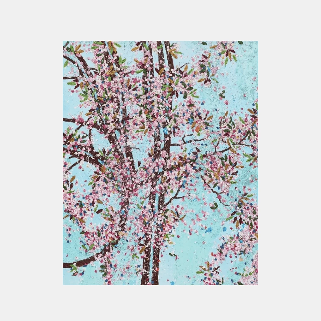 "A textured painting of a blossoming tree against a light blue sky."