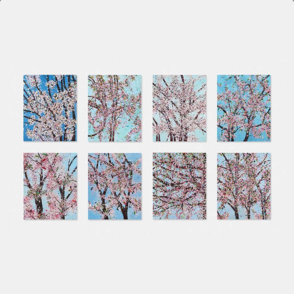 A grid of eight vertical panels depicting blooming trees against a bright blue sky.