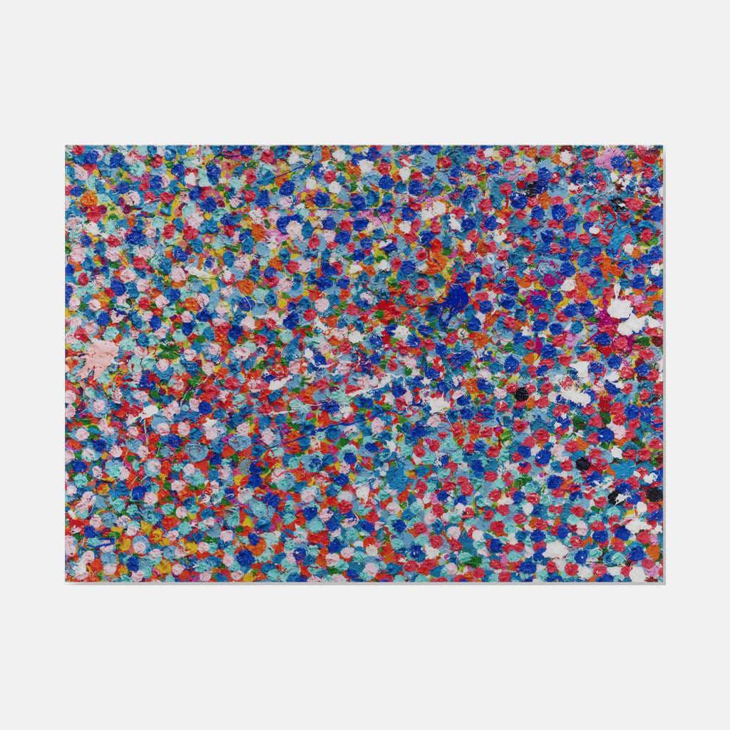 A vibrant abstract painting filled with dense, colorful dabs of paint.