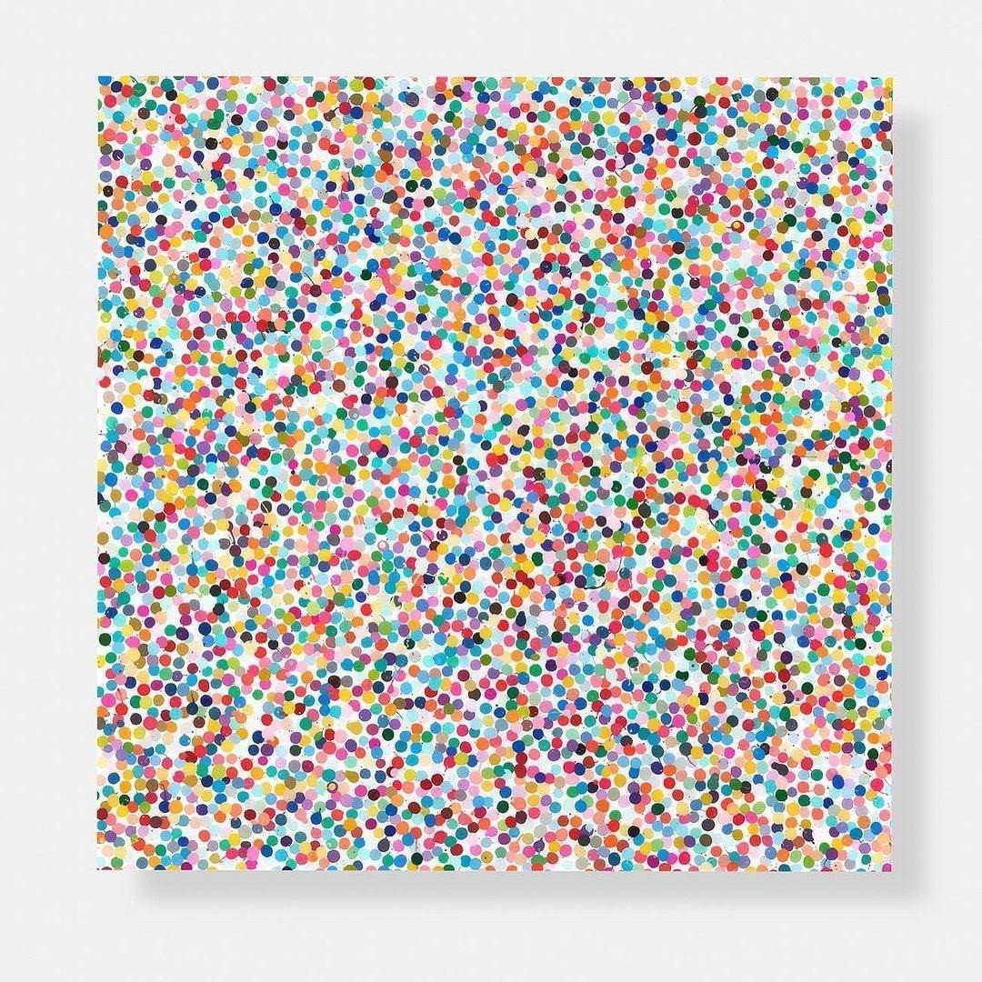 A vibrant abstract canvas filled with a dense, colorful confetti pattern.