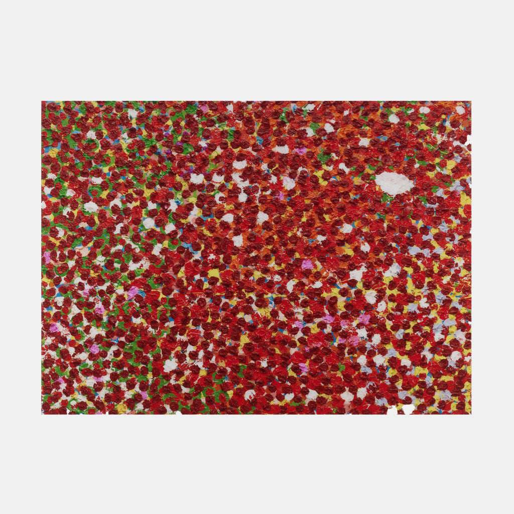 A dense, colorful abstract composition of red and white textured shapes against a yellow background.