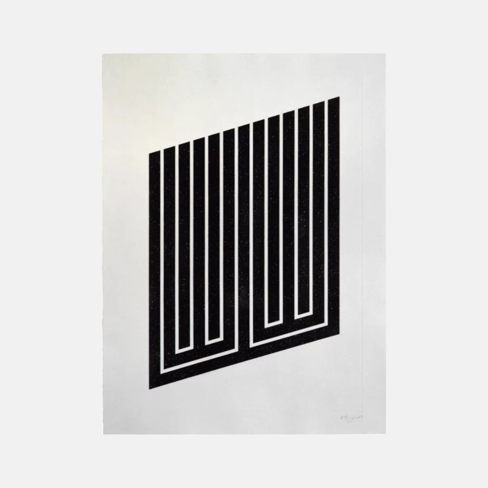 A minimalist black-and-white graphic print featuring a geometric, three-dimensional illusion of stacked rectangular blocks.