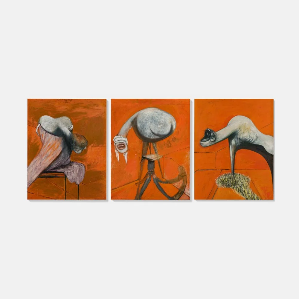 A triptych of surreal, fleshy figures against a vibrant orange background.