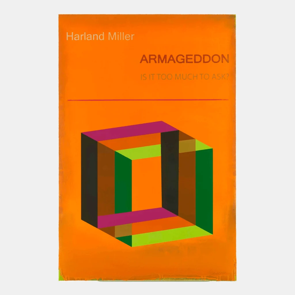 A bold orange poster featuring a multi-colored geometric cube and provocative text.