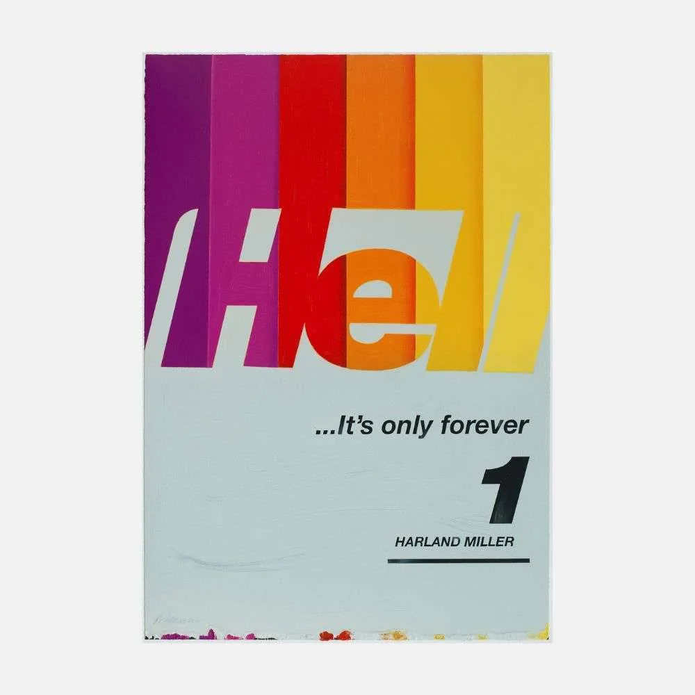 A graphic poster featuring bold typography and a rainbow-striped background.