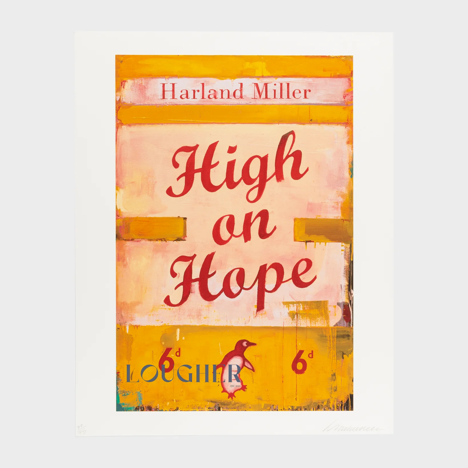 A colorful graphic print featuring bold red text and a small penguin illustration against a warm, textured background.