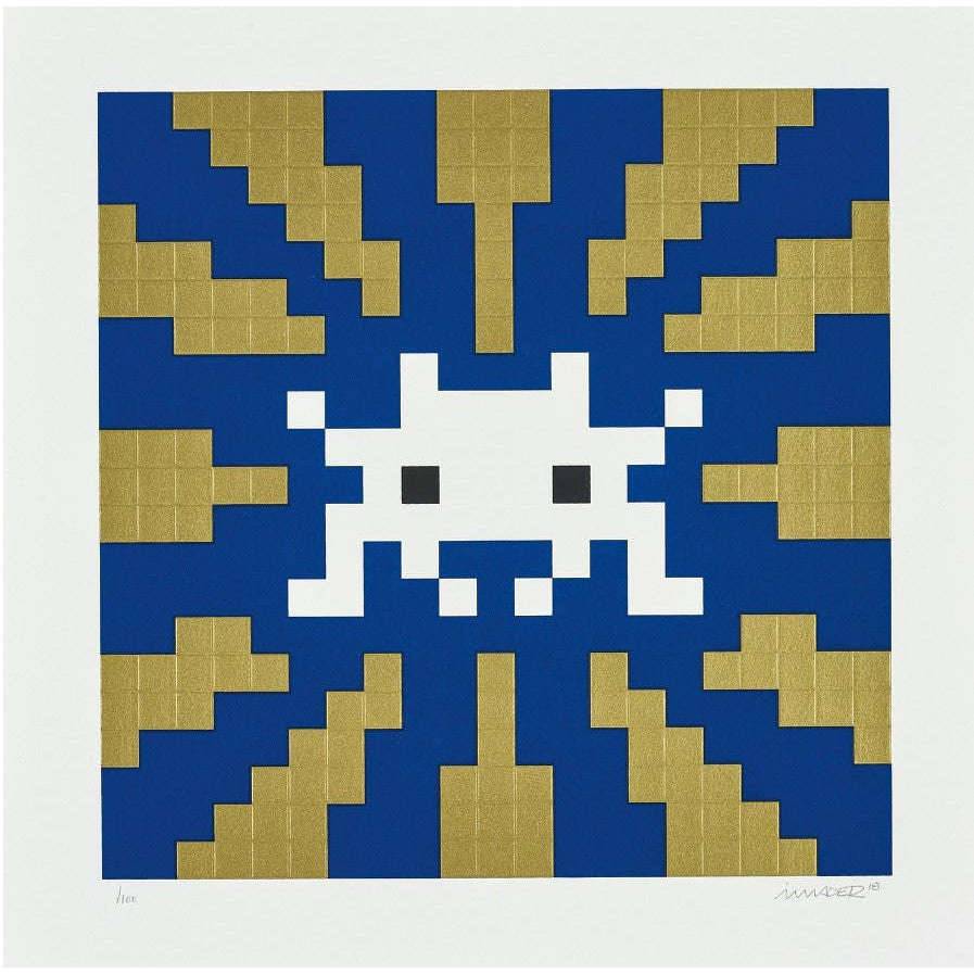 A pixelated white alien figure floats against a blue background with gold geometric shapes.