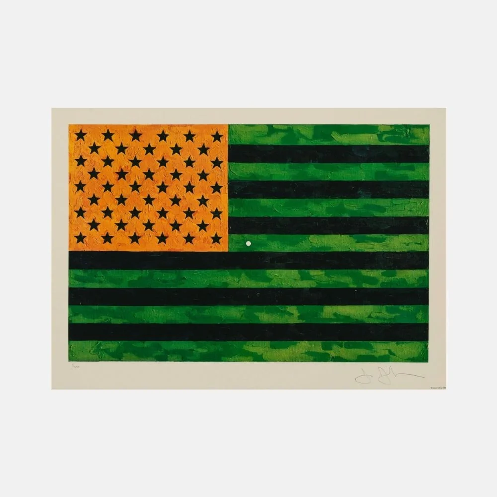 A stylized flag design featuring a camouflage pattern and bold geometric stars.