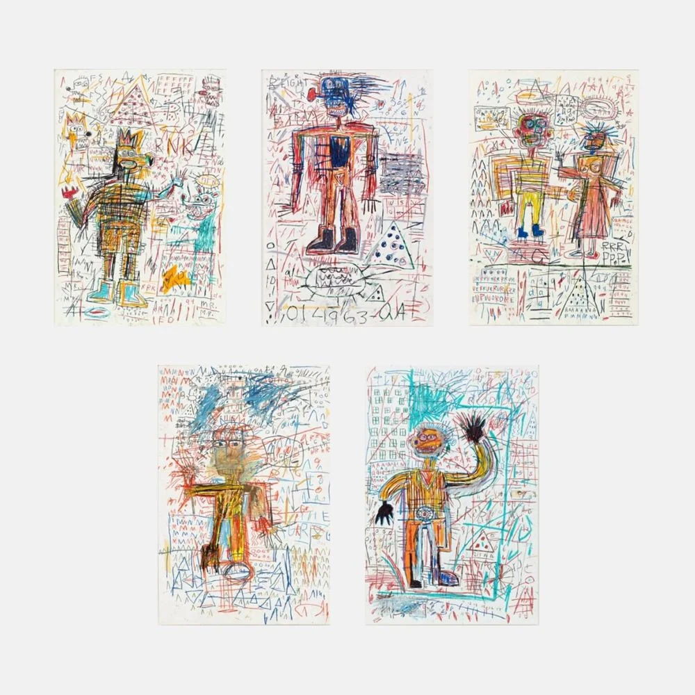 A collection of five colorful, scribbled drawings featuring stylized figures amidst chaotic backgrounds.