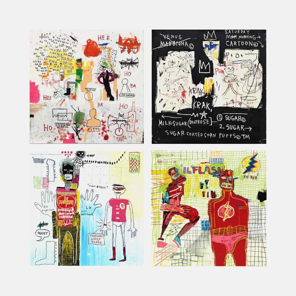 A collage of four distinct, chaotic drawings featuring abstract figures, text, and bold colors.