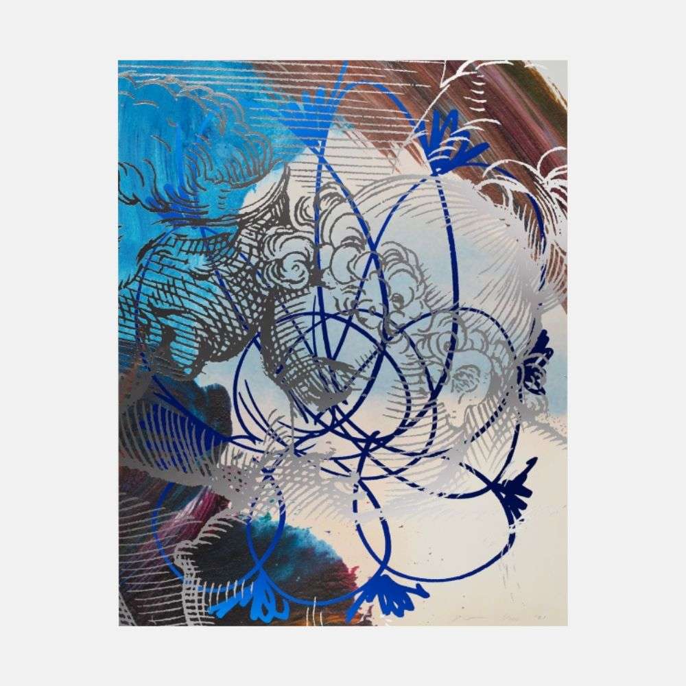 A layered abstract composition featuring a central figure surrounded by swirling lines and vibrant blue accents.