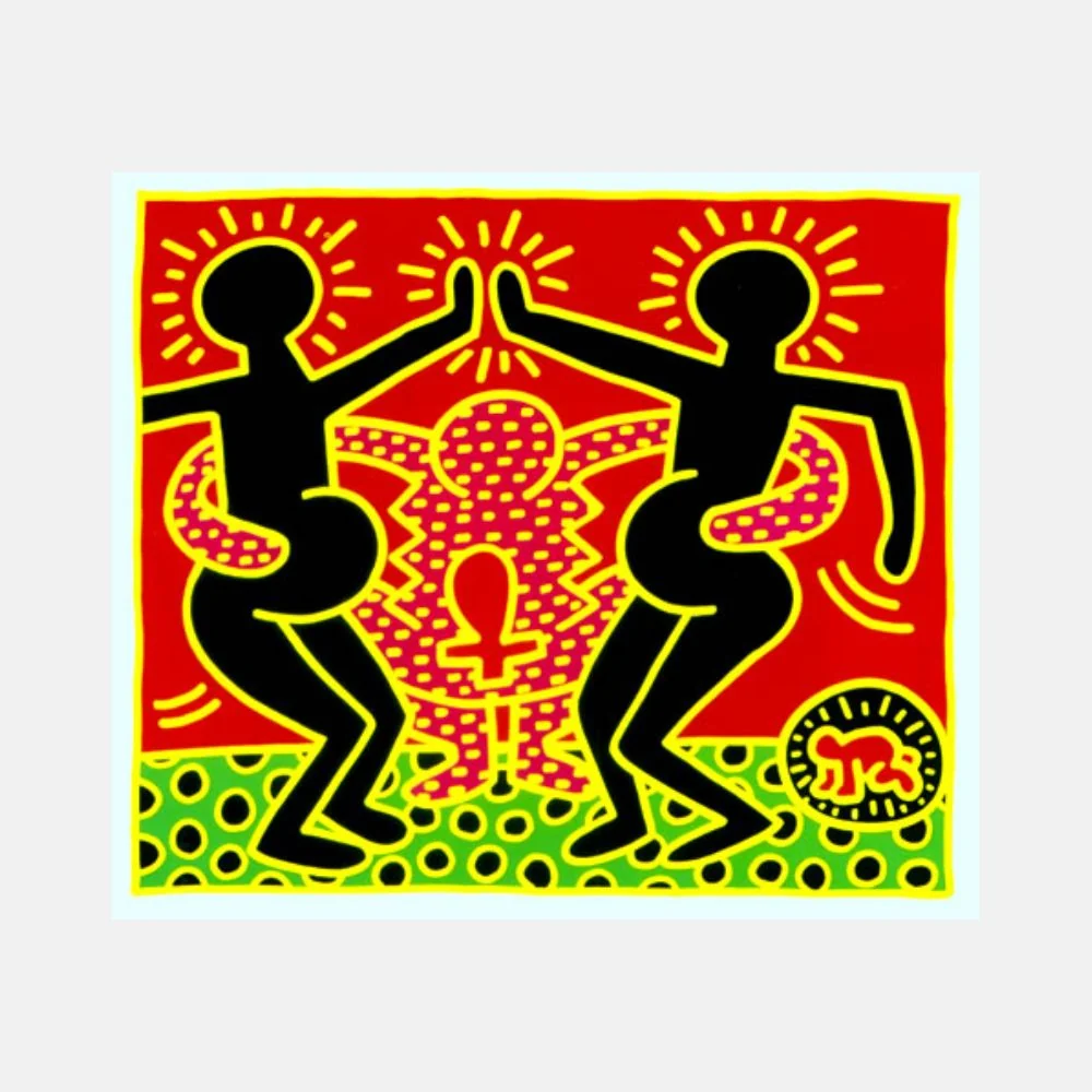 A vibrant pop-art print featuring two silhouetted figures dancing against a bold red background with yellow accents and green dotted ground.