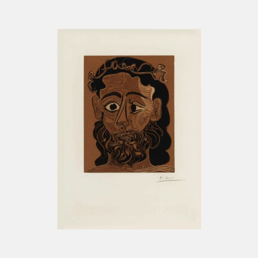 A stylized portrait of a bearded figure with a crown, rendered in earthy tones and bold lines.