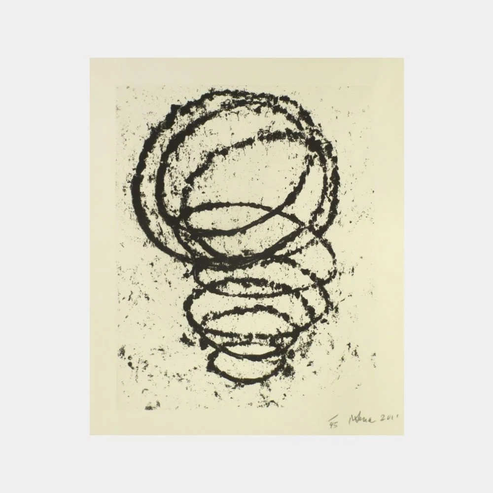 "A monochromatic abstract composition featuring a central spiral form with a rough, textured surface."