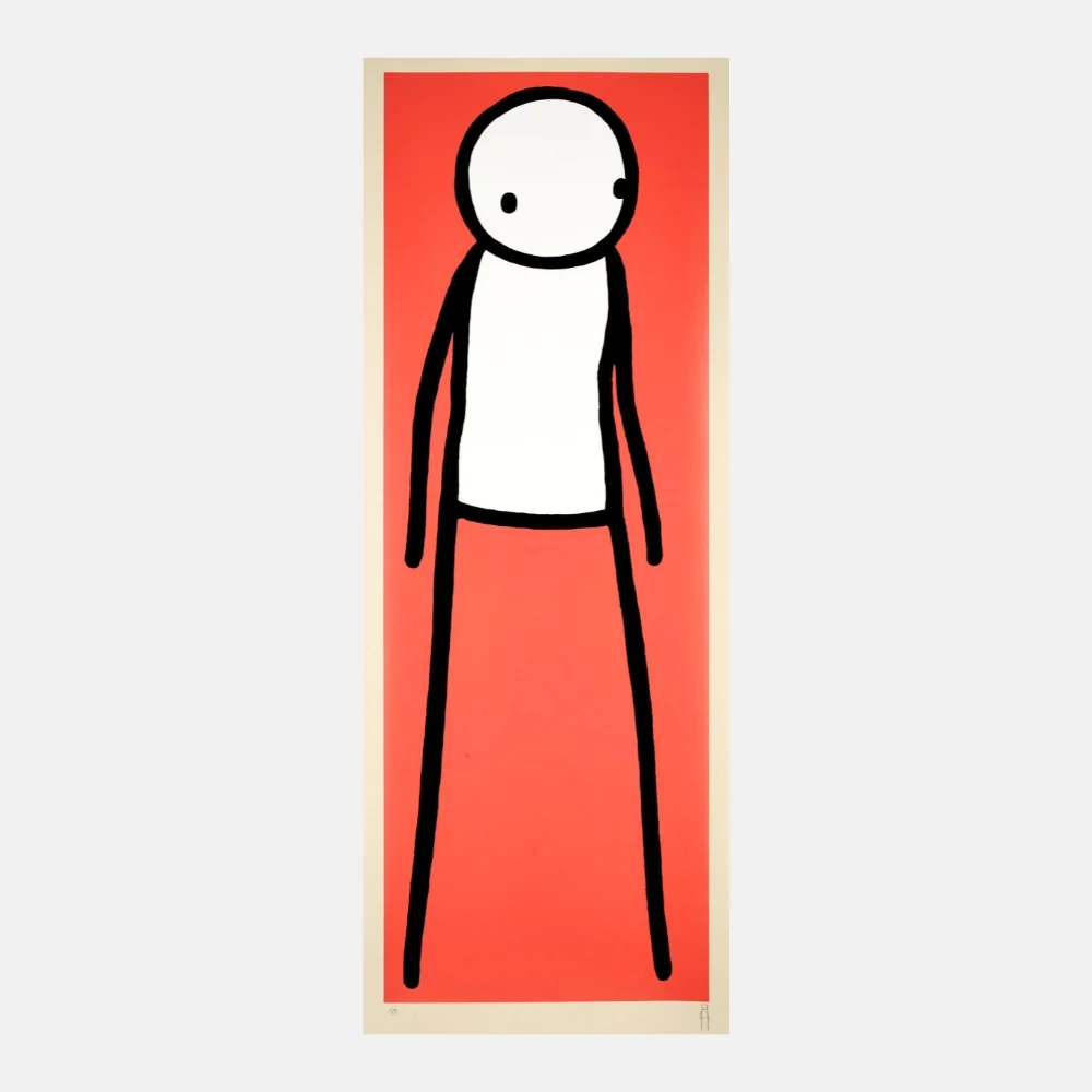 A minimalist print of a tall, thin figure with a large head against a bold red background.