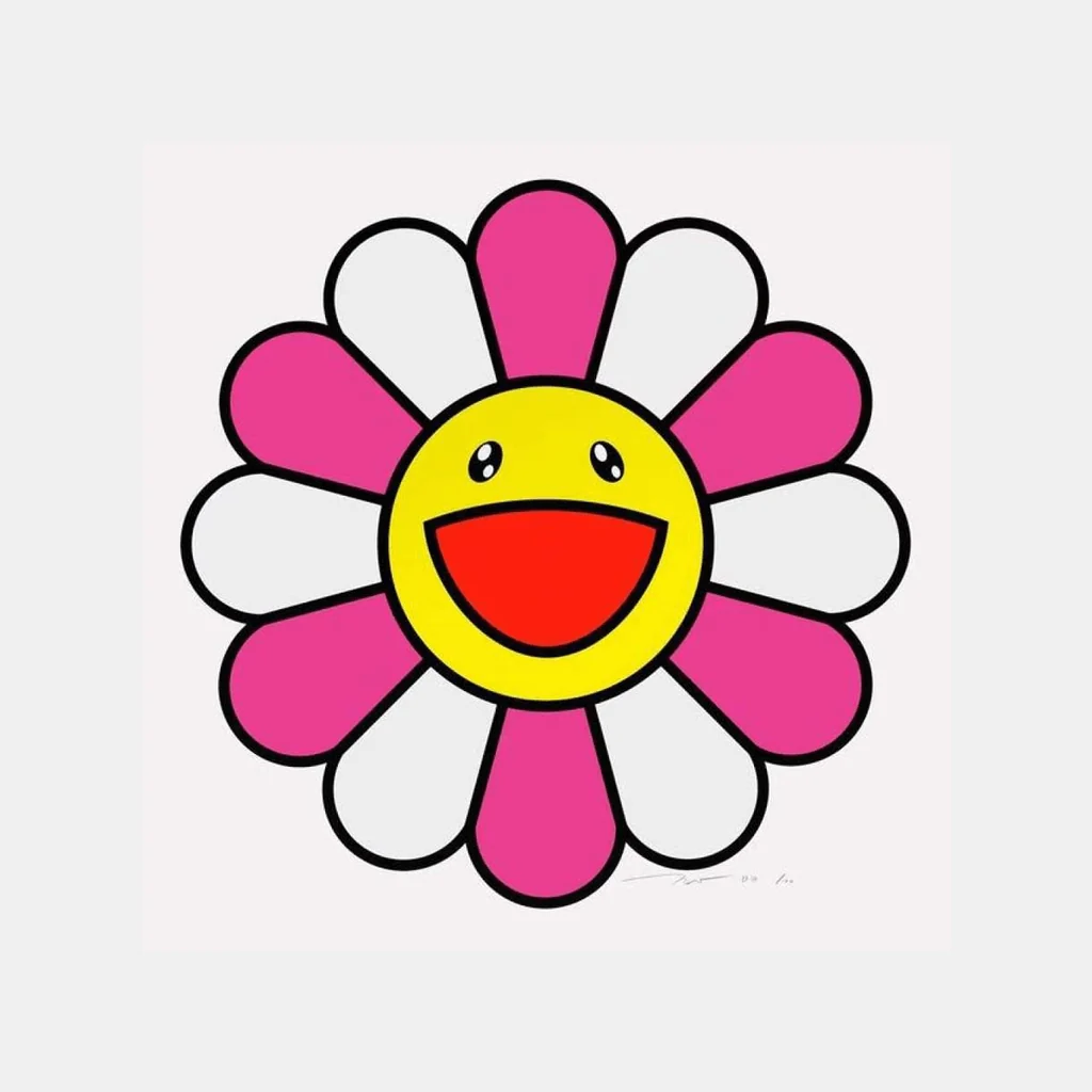 A cheerful cartoon flower with a smiling face, bold colors, and alternating petals.