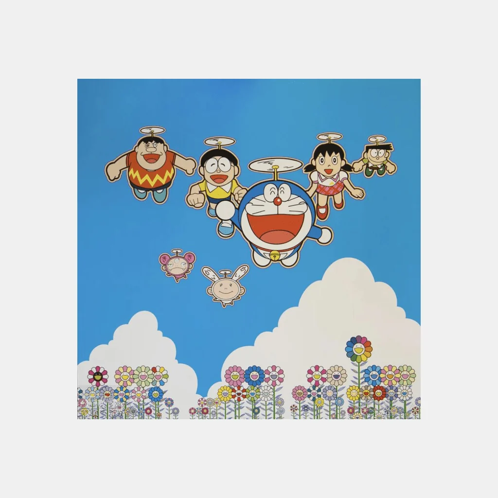 A whimsical illustration of cartoon figures flying through a blue sky above a field of colorful flowers.