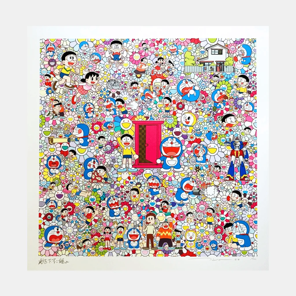 A dense, colorful collage of cartoon characters and flowers centered around a pink door.