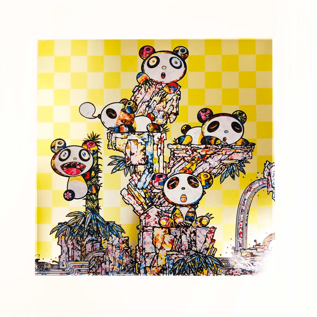A colorful, layered illustration of five stylized panda figures perched on a crumbling tower against a yellow checkered background.