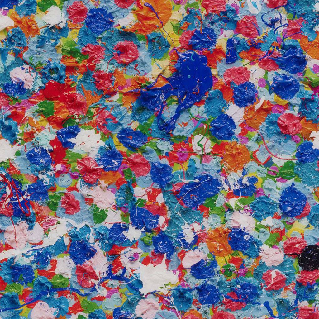 A vibrant abstract painting filled with dense, colorful dabs of paint.