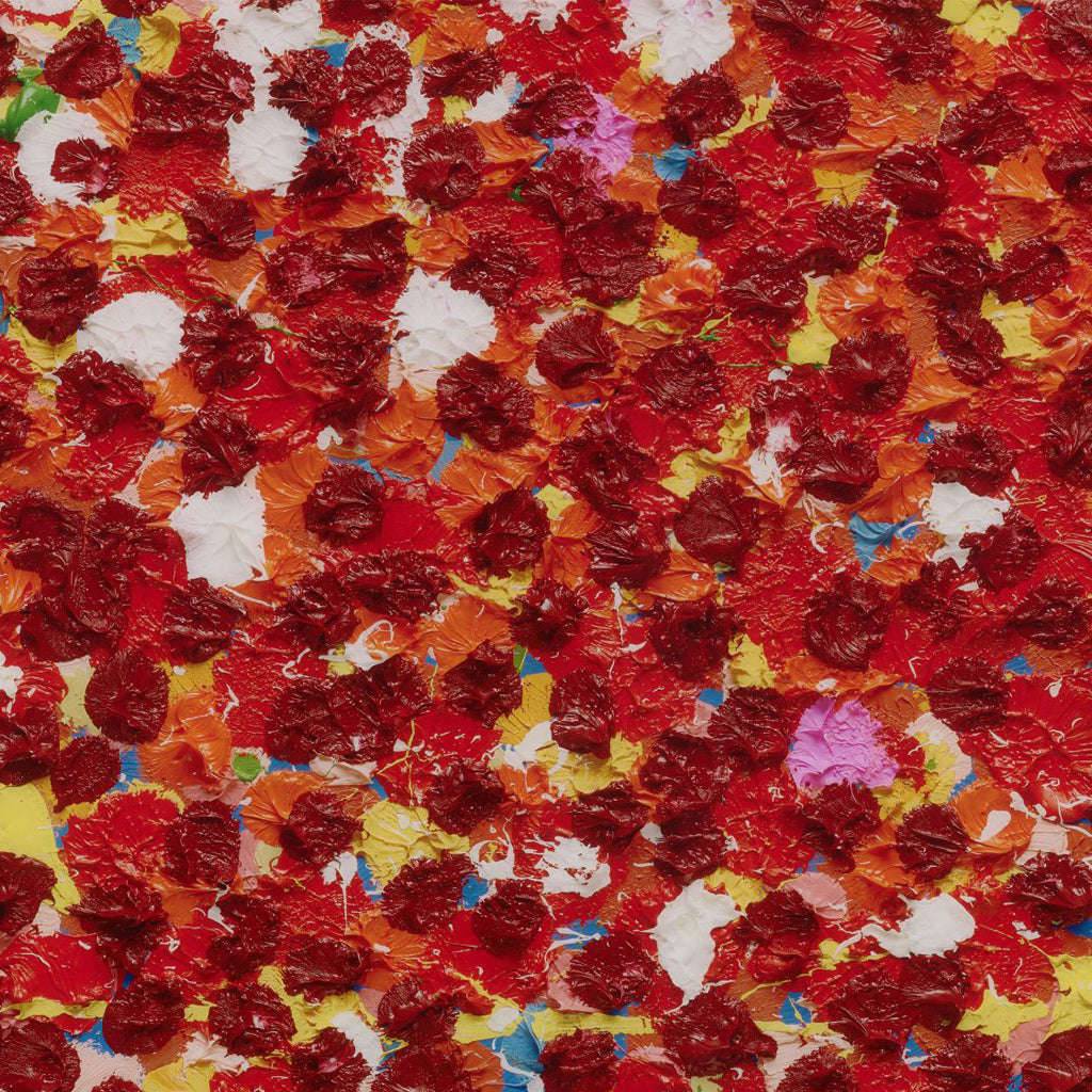 A dense, colorful abstract composition of red and white textured shapes against a yellow background.