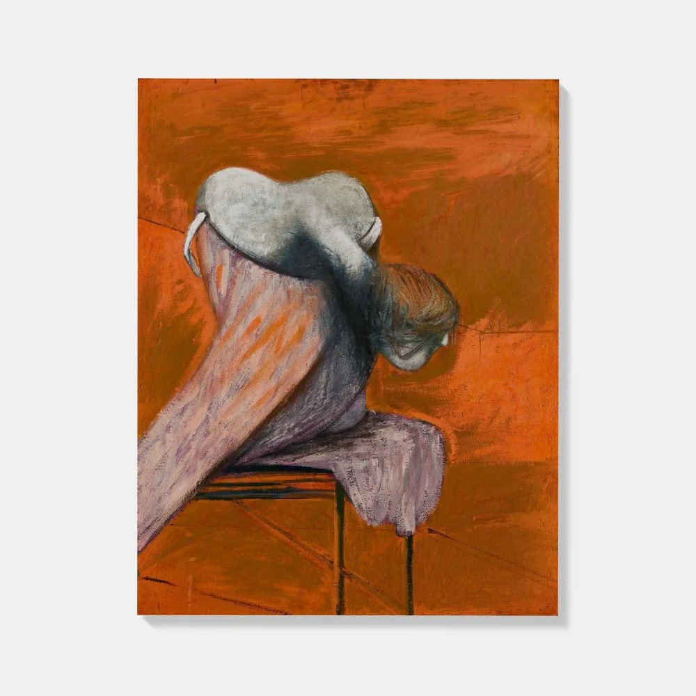 A triptych of surreal, fleshy figures against a vibrant orange background.