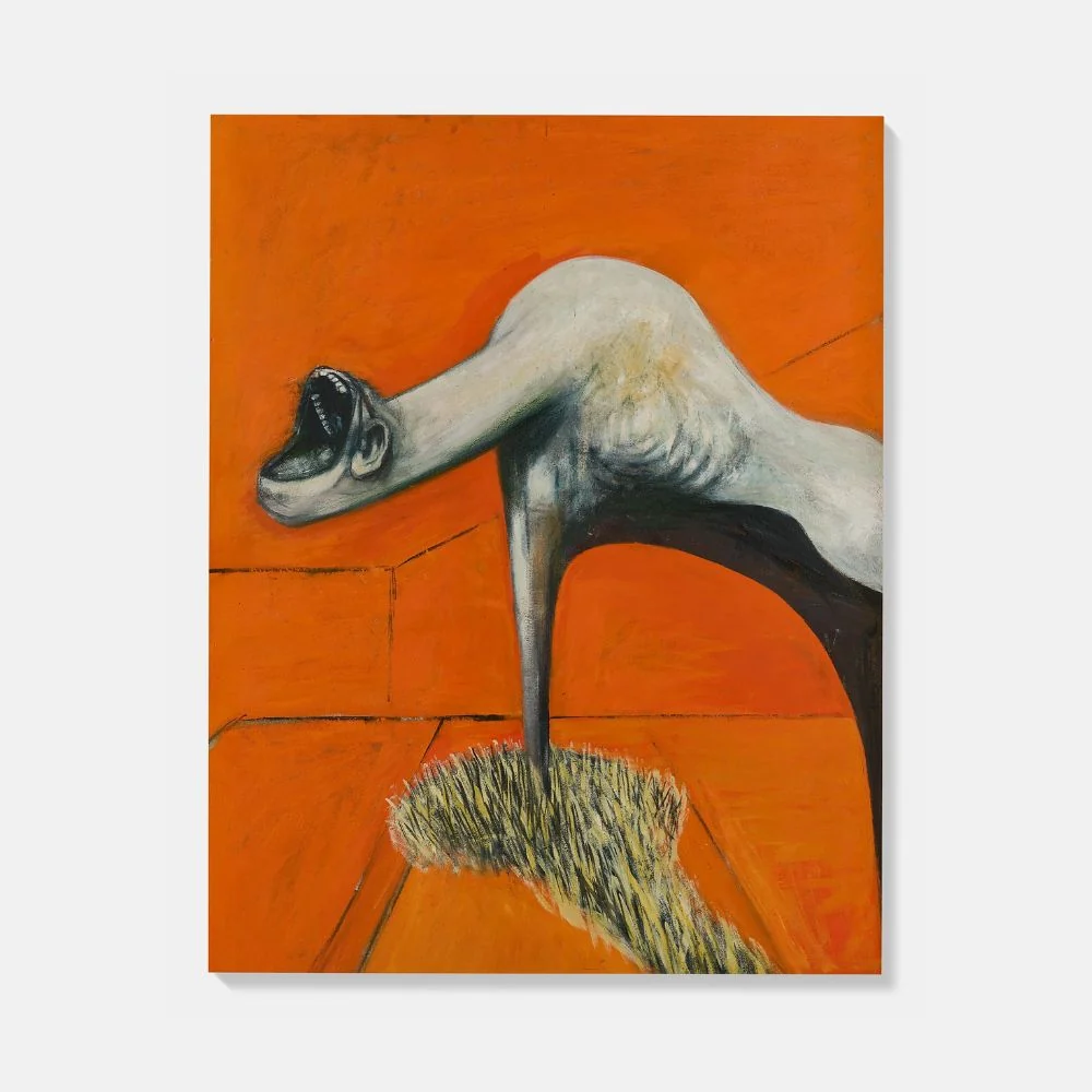 A triptych of surreal, fleshy figures against a vibrant orange background.