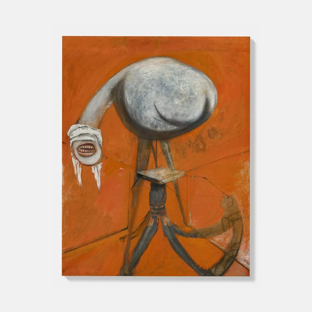 A triptych of surreal, fleshy figures against a vibrant orange background.