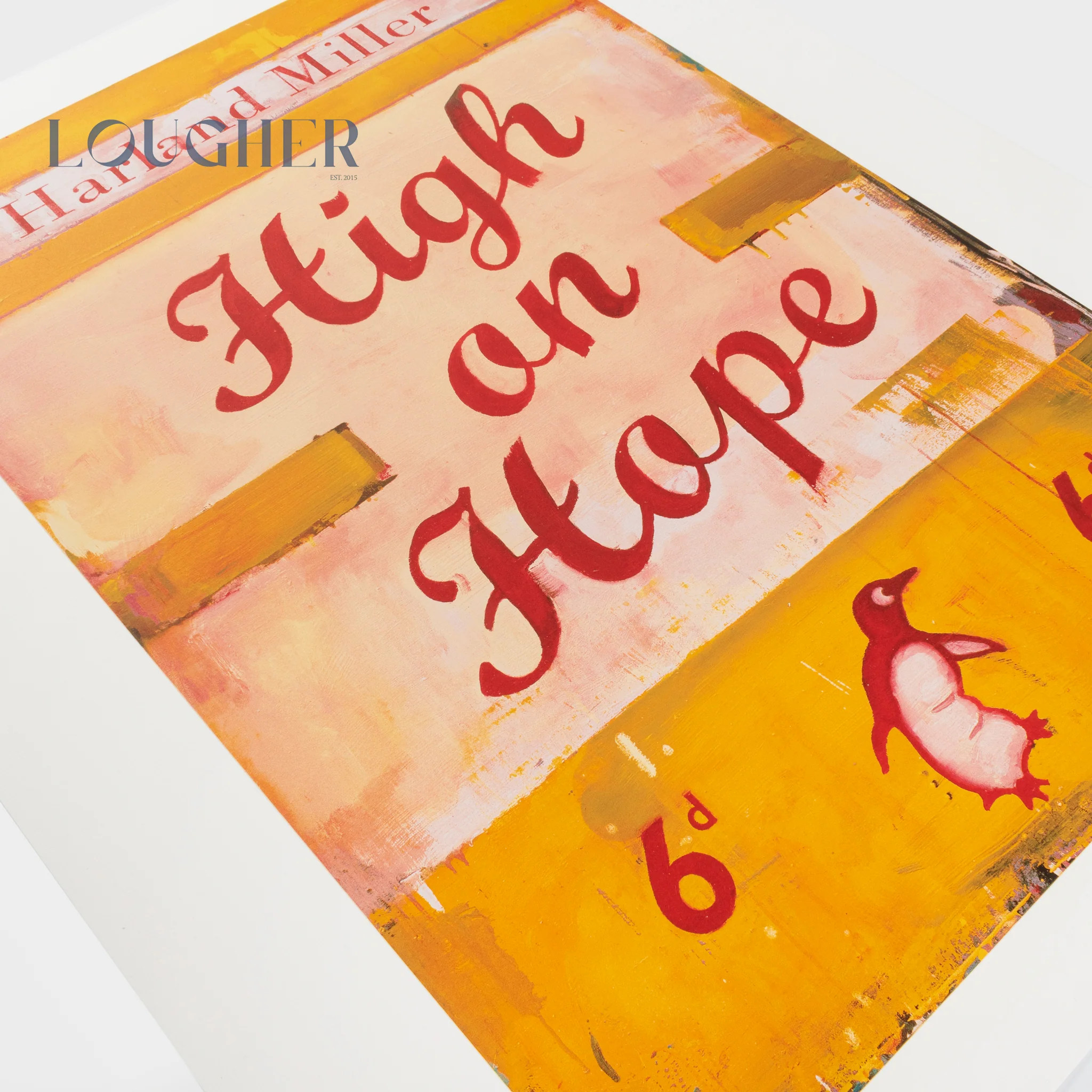 A colorful graphic print featuring bold red text and a small penguin illustration against a warm, textured background.